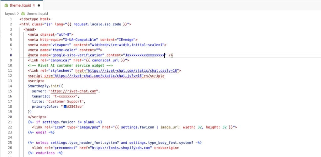 Éditeur de thème Shopify avec App embed Rivet Chat activé